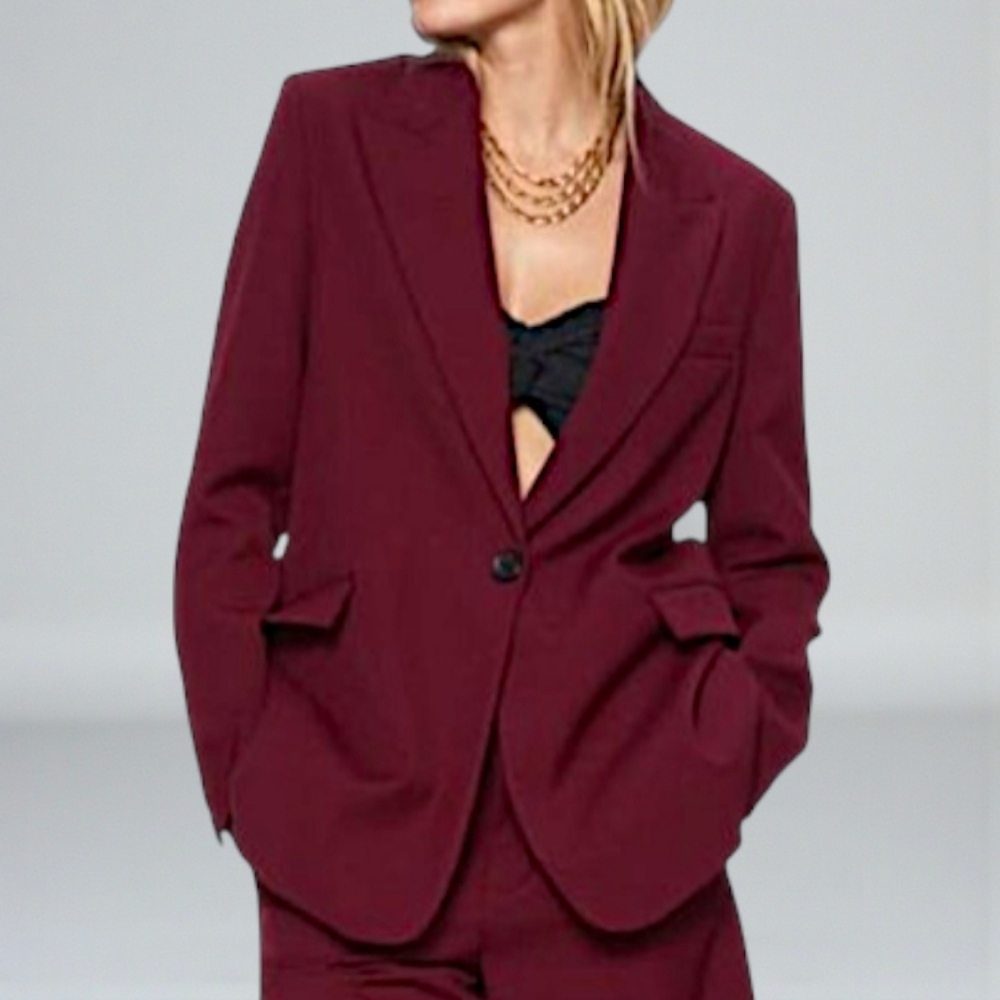 ZARA Burgundy Tailored Blazer Large Fully Lined One Button